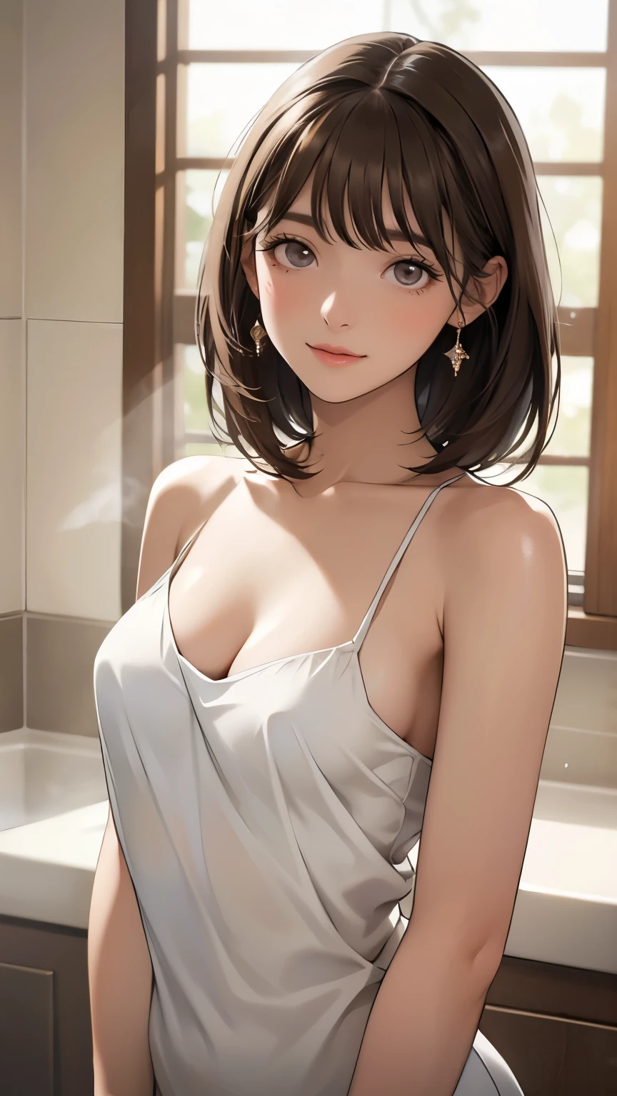  shiny brown hair,  short hair, ( Beautiful Brown Eyes、Sparkling Eyes, fine grain)、smile、Super detailedな目、 high definition face, Detailed eyes、 one young woman、small breasts
8k,  masterpiece,  Super detailed, Natural Light, (masterpiece, Best Quality:1.4),  one girl playing pranks,   Browse viewers, (forward),  Rock Bath , Naked Towel, Thick Fog, vapor,
{ upper body| cowboy shot}, cleavage