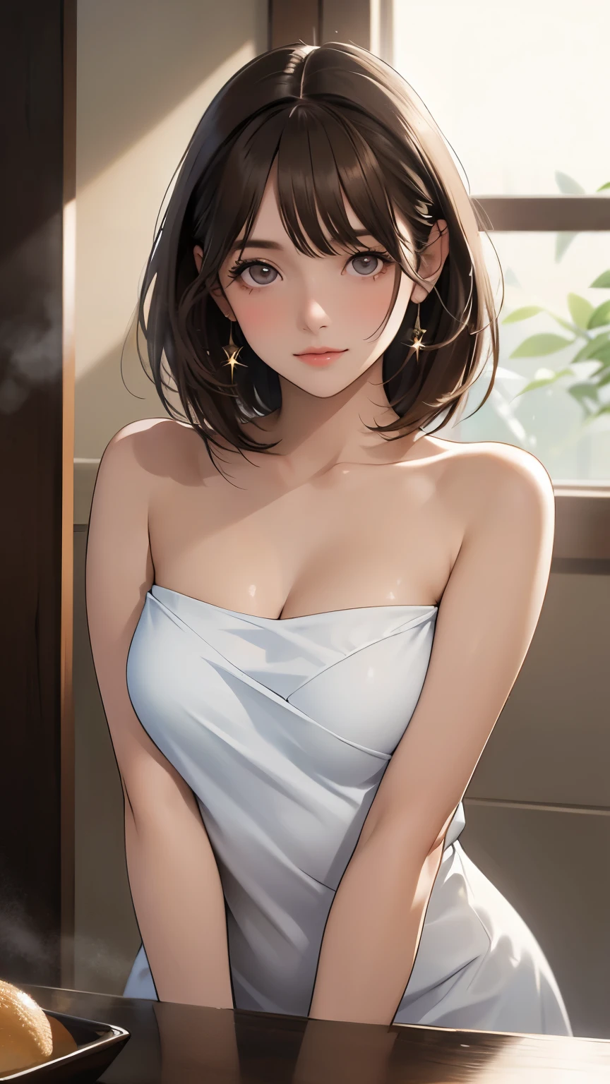  shiny brown hair,  short hair, ( Beautiful Brown Eyes、Sparkling Eyes, fine grain)、smile、Super detailedな目、 high definition face, Detailed eyes、 one young woman、small breasts
8k,  masterpiece,  Super detailed, Natural Light, (masterpiece, Best Quality:1.4),  one girl playing pranks,   Browse viewers, (forward),  Rock Bath , Naked Towel, Thick Fog, vapor,
{ upper body| cowboy shot}, cleavage