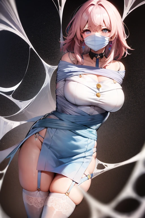  A girl wrapped in a cobweb in an iron cage,  stockings , Pink Hair, advertisement, Prison covered with lots of cobwebs , Detailed eyes, Cover your face with cobwebs, Blue Eyes,  earrings for a woman alone, first round