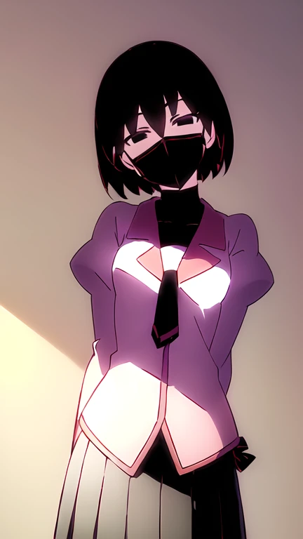 ( extremely detailed CG unity ）,(masterpiece),(Best Quality),(Super detailed),(  best illustration  ),( best shadow ),(Absurd),   Ougi ,  1 girl,  naoetsu high school uniform, Alone, miniskirt in length,  黒hair , pink shirt,  short hair, smile, shirt,  BLACK EYES , black undershirt,  upper body, looking at viewer,  puff sleeves,  Head Tilt, Hollow Eyes,  bob cut , tie,  Turtleneck,  Juliet Sleeves,  long sleeve , Pale skin, 前hair,  hair, Pick up your skirt、skirt lift、colorful satin panties