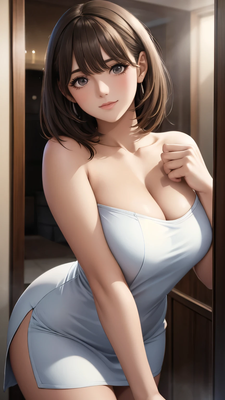  shiny brown hair,  short hair, ( Beautiful Brown Eyes、Sparkling Eyes, fine grain)、smile、Super detailedな目、 high definition face, Detailed eyes、 one young woman、small breasts
8k,  masterpiece,  Super detailed, Natural Light, (masterpiece, Best Quality:1.4),  one girl playing pranks,   Browse viewers, (forward),  Rock Bath , Naked Towel, Thick Fog, vapor,
{ upper body| cowboy shot}, cleavage