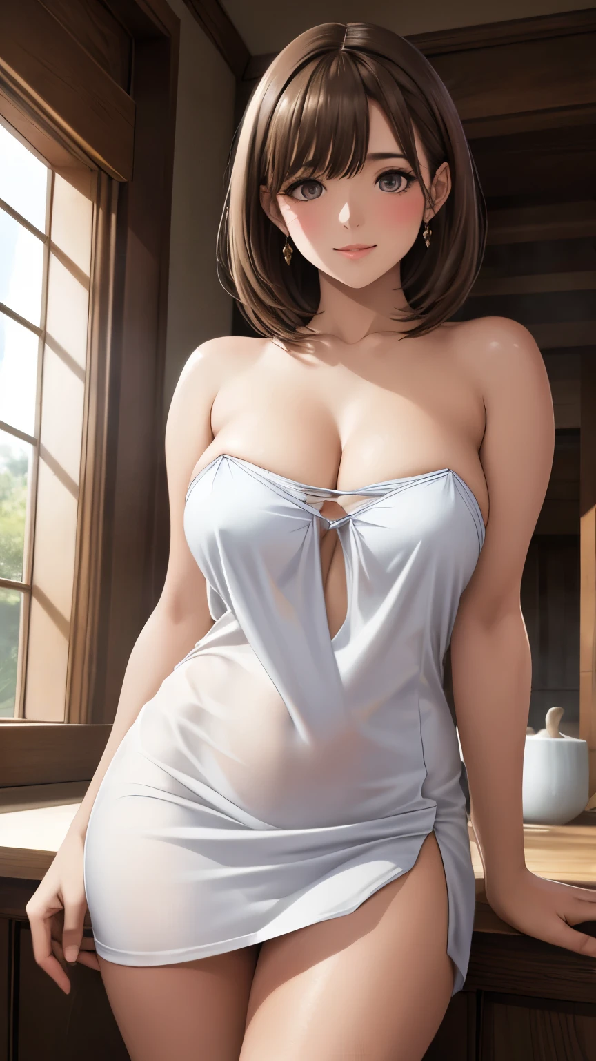  shiny brown hair,  short hair, ( Beautiful Brown Eyes、Sparkling Eyes, fine grain)、smile、Super detailedな目、 high definition face, Detailed eyes、 one young woman、small breasts
8k,  masterpiece,  Super detailed, Natural Light, (masterpiece, Best Quality:1.4),  one girl playing pranks,   Browse viewers, (forward),  Rock Bath , Naked Towel, Thick Fog, vapor,
{ upper body| cowboy shot}, cleavage