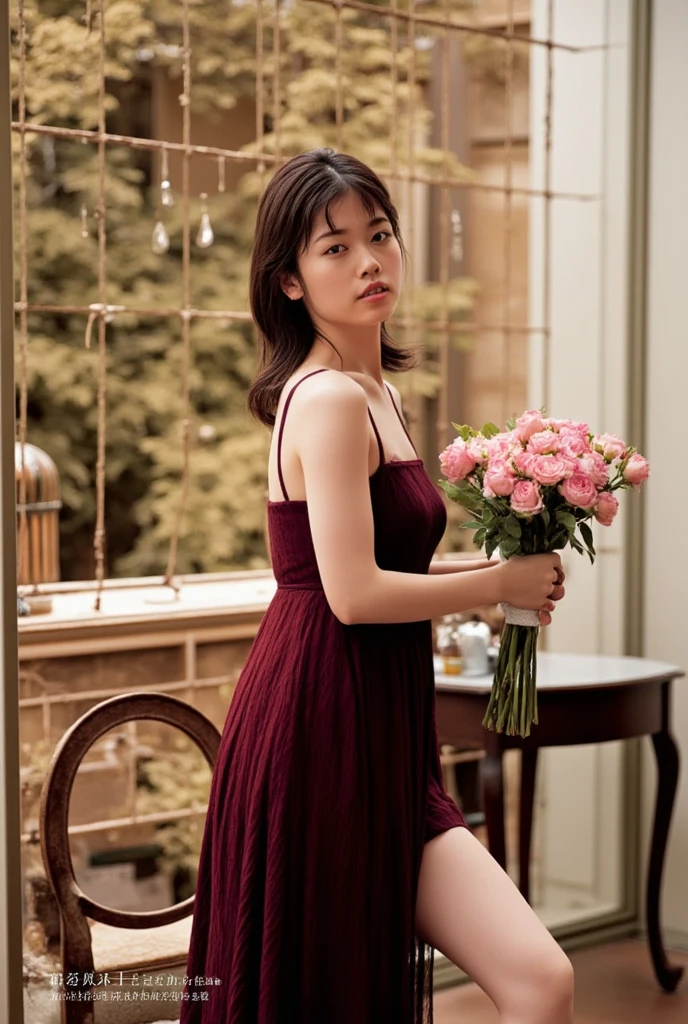  adult woman on the house,  burgundy dress , Holding a bouquet of pale pink roses,  Classic Interior , Luxurious lighting,  refined atmosphere ,  Calm Look 