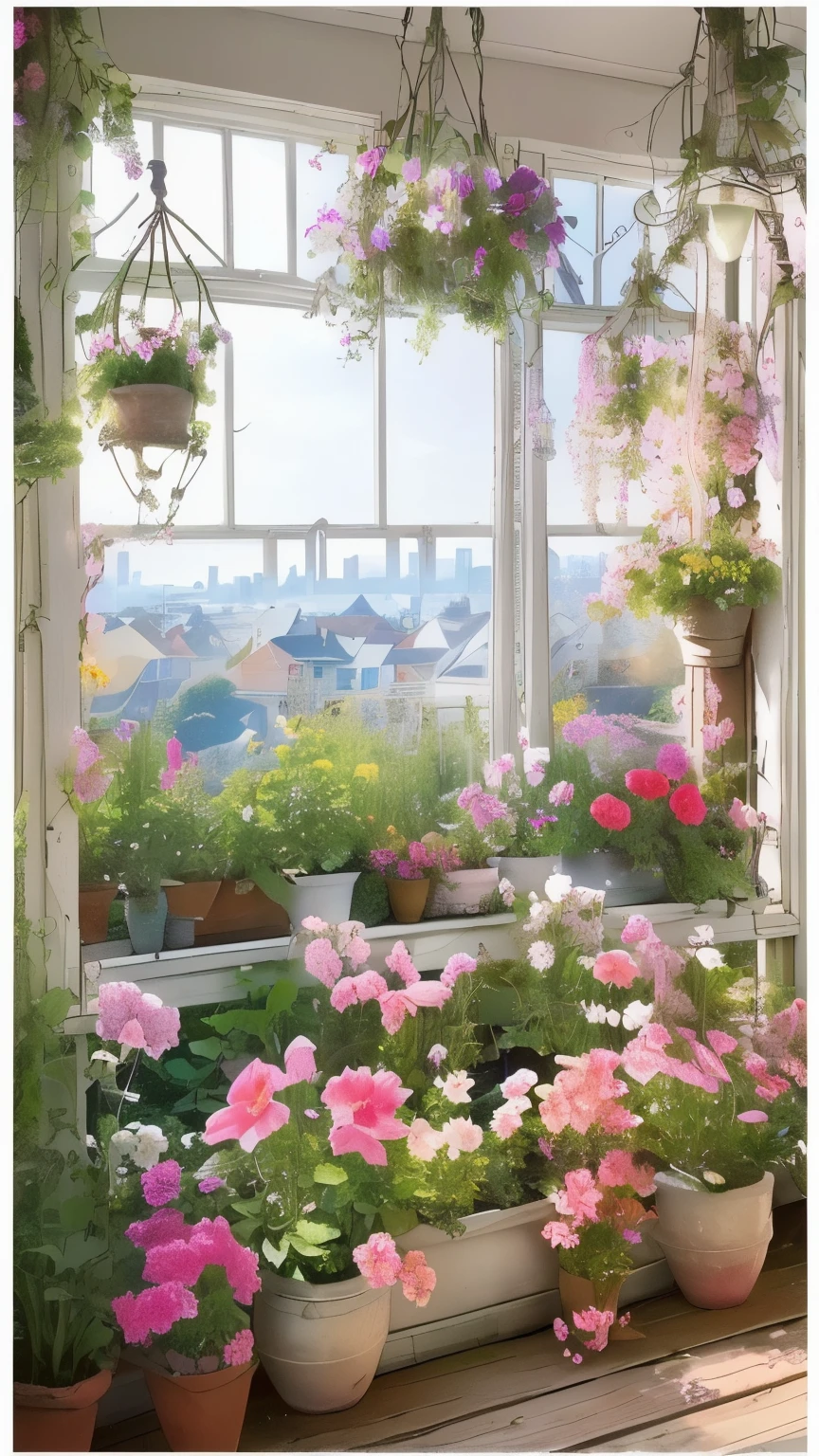 there is a window with a view of a city and flowers, cottagecore!!, dreamy aesthetic, dreamy and detailed, cottagecore hippie, cottagecore flower garden, in a cottagecore flower garden, cottagecore, beautiful and aesthetic, very magical and dreamy, dreamy atmosphere, cute style garden, 🌺 cgsociety