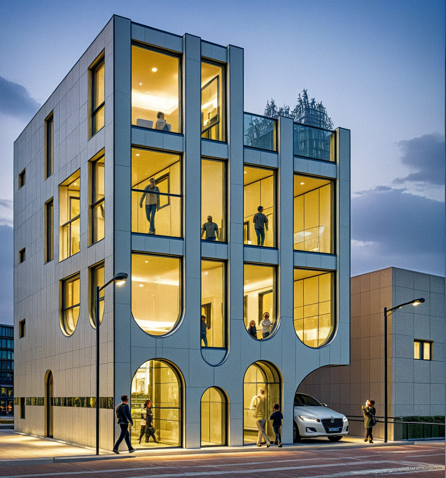 This image shows a contemporary building with a unique, angular design. The structure features a series of tall, white, folded vertical panels that create a rhythmic, symmetrical pattern across the facade. These panels converge towards the top and slightly outward at the base, giving the building a sculptural appearance. In the center is a tall glass entrance, which contrasts with the opaque white facade and allows views into the interior, where warm lighting is visible. The building signage is displayed in modern fonts on the facade, adding a stylish touch. The surroundings include people walking around, suggesting a public or commercial space. The overall style is minimalist and futuristic.