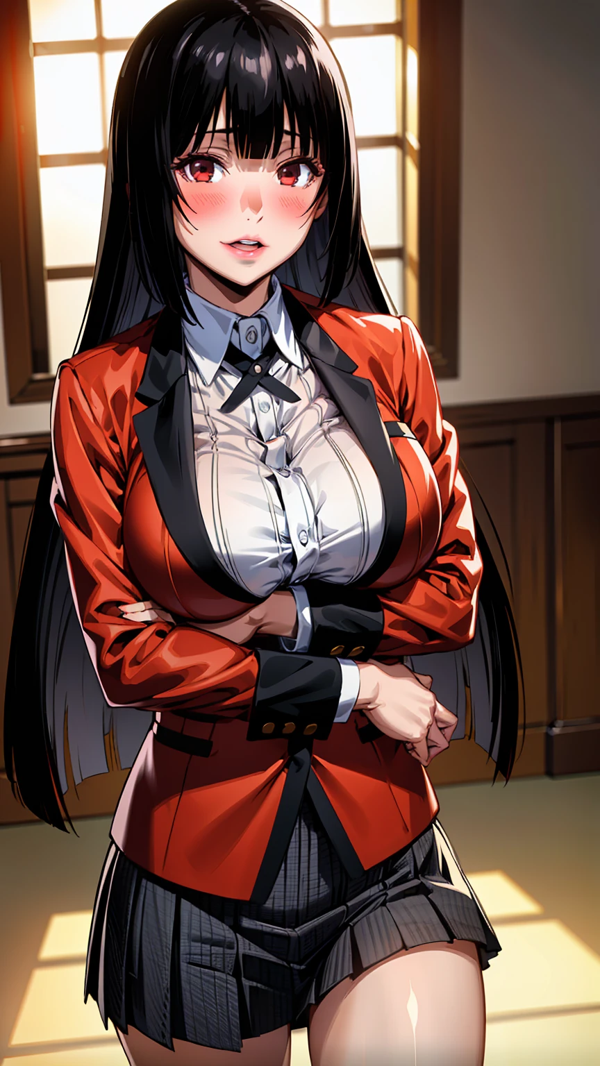 ((ultra quality, 8k, high resolution, ultra detailed:1.3)), beautiful woman with perfect body shape:1.4, Slender Abs:1.2, (gigantic breasts), (flawless smooth skin, gleaming skin), BREAK 1woman, jabami yumeko, detailed face, (smaller face), (detailed colorful eyes), (detailed hair, glossy hair, black hair, long hair, blunt bangs, hime cut), (school uniform, red blazer, collared shirt, pleated skirt:1.2), BREAK poorly lit bedroom, professional lighting,
