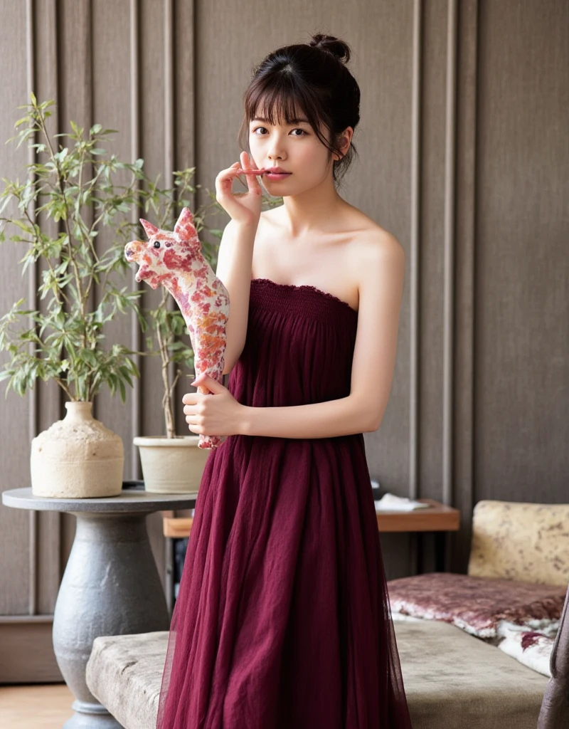  adult woman on the house,  burgundy dress , Holding a bouquet of pale pink roses,  Classic Interior , Luxurious lighting,  refined atmosphere ,  Calm Look 