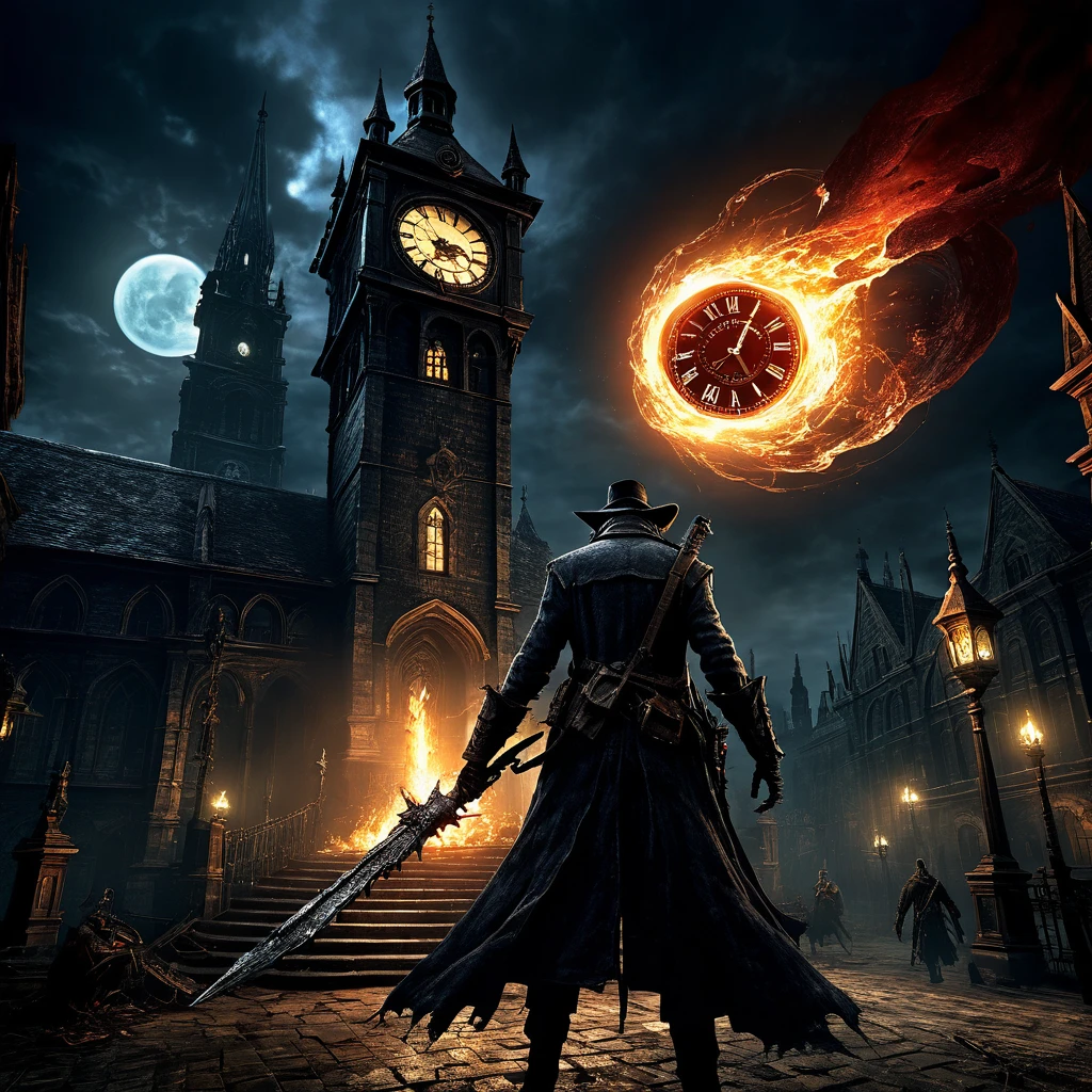 Bloodborne like Humter has a torch in his left hand ,  background, Clock Tower、 Dark Fantasy Art   ,  Best Quality ,      Wide Shots    , Ultra Wide Angle, 