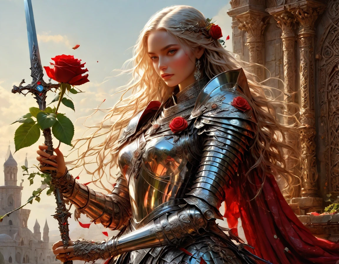 score_9, score_8_up, score_7, arafed high details, best quality, 16k, (ultra detailed: 1.5), masterpiece, best quality, (extremely detailed), RAW, dnd art, fantasy art, a woman knight holding an epic sword with a rose vine entwined on the blade, a magnificent silver shinning sword, with a diamond in the hilt, there is a red rose vine entwined along the blade, dynamic fantasy background,