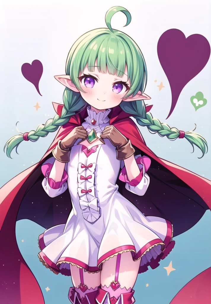 1girl, solo, masterpiece, best quality, perfect hands, smile, blush, closed mouth, nah_fea, ahoge, green hair, pointy ears, purple eyes, thighhighs, thigh boots, garter straps, red cape, brown gloves, twin braids, cape, flat chest