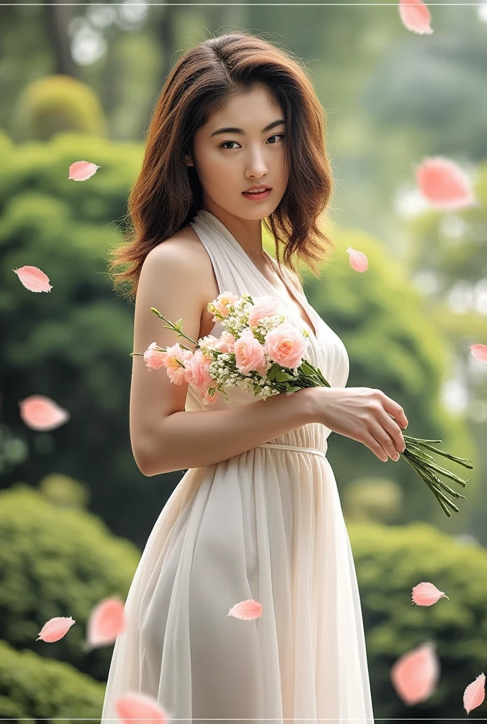 Woman in white dress, Bouquet of pale pink roses, In the forest, Natural Light,  gentle expression , Petals are dancing