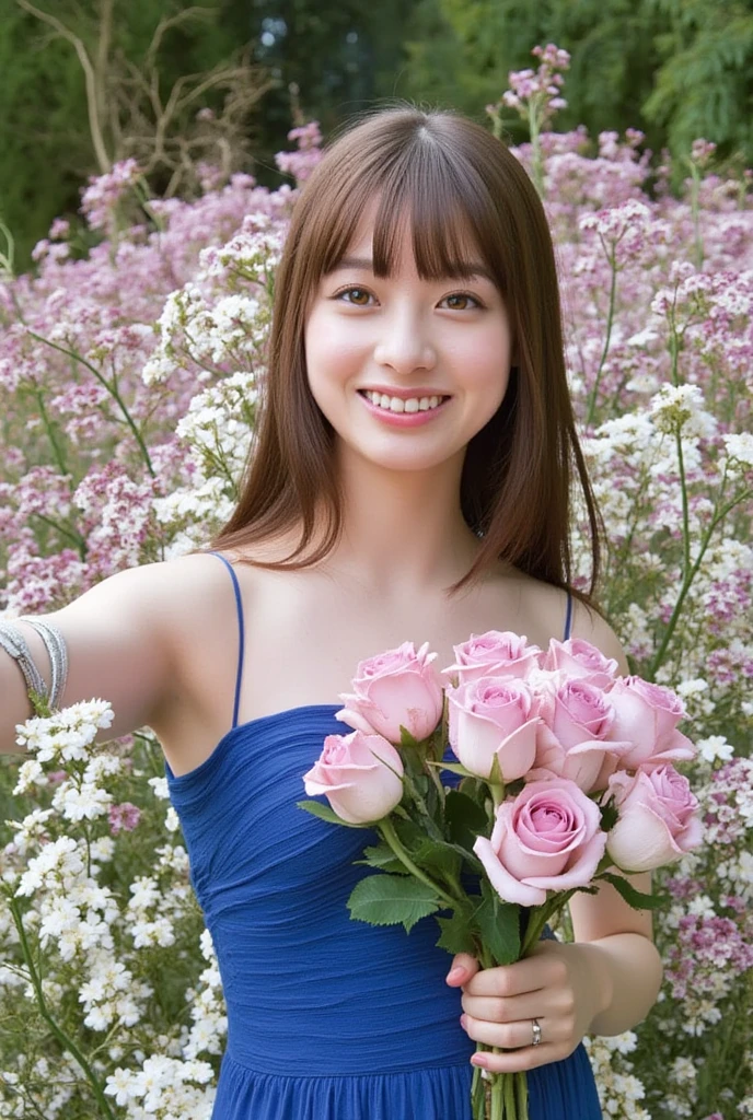 Long Hair,  wearing a blue dress , Young woman,  holding a bouquet of pink and white roses, Surrounded by flowers, Gorgeous, A dreamlike world, Shiny texture 