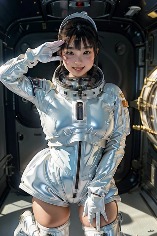  outer space 、Space Suit、Plump beauty、 Open the front zipper in half、Shiny Material 、 masterpiece、High definition high image quality 、 photo-like realism、4K resolution、Inside the spaceship、ピチピチなSpace Suit、latex、 White Glove、boots、smile、Stand and salute、SF