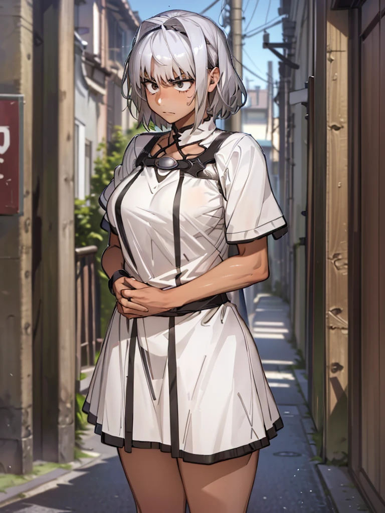 (​masterpiece, top-quality, hight resolution, Unity 8k, extremely details CG:1, Best Picture), upper body, 1girl, caenis, silver hair, korotsuke style, A woman standing on a quiet street corner at night, just after the protagonist had earnestly asked her to let him fuck you. She looks surprised and a little flustered by his outrageous but sincere request. Her expression is a mixture of mild surprise and awkwardness; she is surprised, but manages to accept the situation.