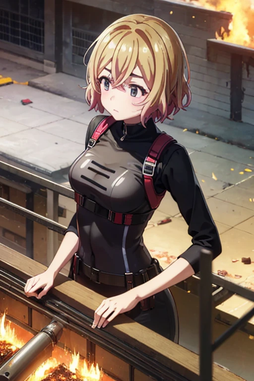 Best Quality、 high definition、Mami Nanami、 1 girl、 holding a machine gun 、Shooting a gun、Gunfight、Mid-chest、Full body black bodysuit 、Daytime、In battle with the army、Within the school grounds、 School Buildings Burning Up in Fire、 A lot of enemies have fallen while fighting with an army