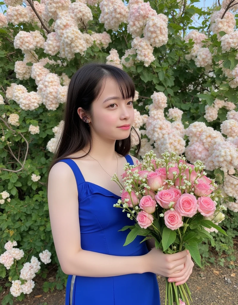 Long Hair,  wearing a blue dress , Young woman,  holding a bouquet of pink and white roses, Surrounded by flowers, Gorgeous, A dreamlike world, Shiny texture 