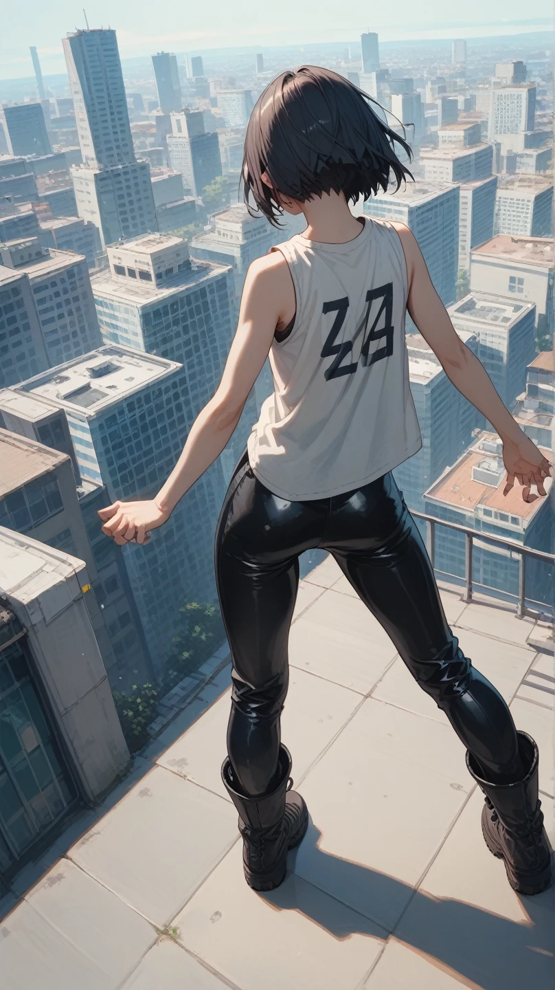 Long Shot,full body,Dynamic angles,woman with navy SHORT HAIR wearing sleeveless t-shirt and latex pants,high angle,CITY back ground,solo, 1 female,Highest quality,masterpiece,cool pose,put on boots, (from below:1.1),(front:1.2)