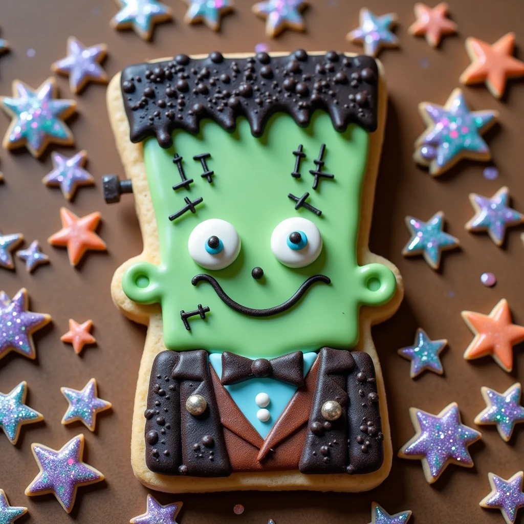 An icing cookie icon celebrating the whimsical allure of Frankenstein’s monster, this depiction shines with halloween's vivid vibrancy. The character sports a bright green complexion, with silvery bolts gleaming prominently from its forehead. Its attire is a lively patchwork of variously colored fabrics, stitched together with evident charm. Bright blue eyes cast a playful gaze, contributing to its endearing appeal. The background plays host to a pop art-style arrangement of clouds and stars, with iridescent lights casting a rainbow glow across the scene. The intricate icing details marvelous textural realism in the creature’s outfit and skin, with its hallmark stitches crafted with precision and whimsical flair.