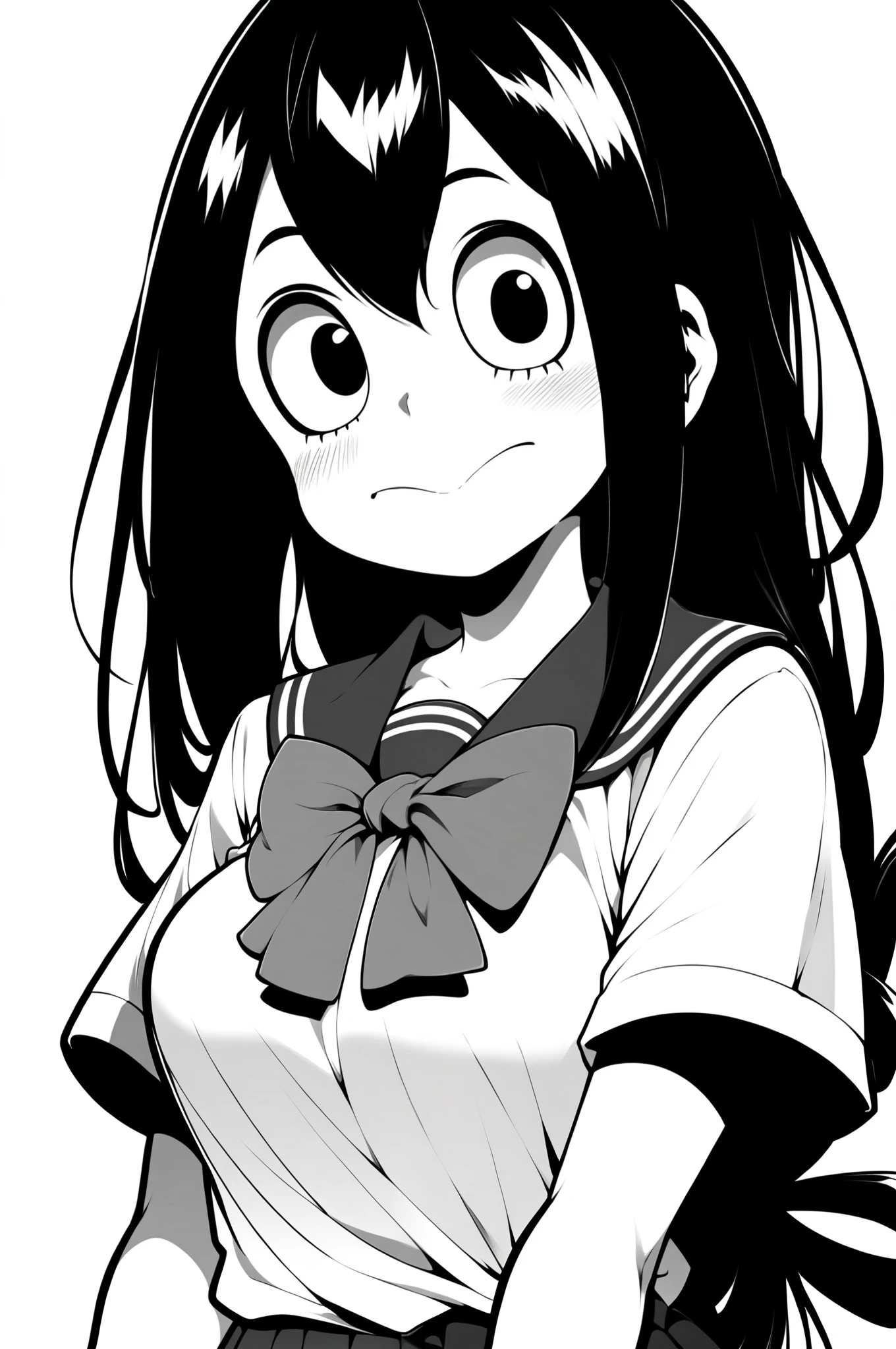 score_9, score_8_up, score_7_up, score_6_up, score_5_up, score_4_up, (masterpiece: 1.0), best quality, line art, greyscale, unshaded, fashionable aesthetic, Asui Tsuyu, boku_no_hero_academia, 1girl, blush, school uniform, perfect,
