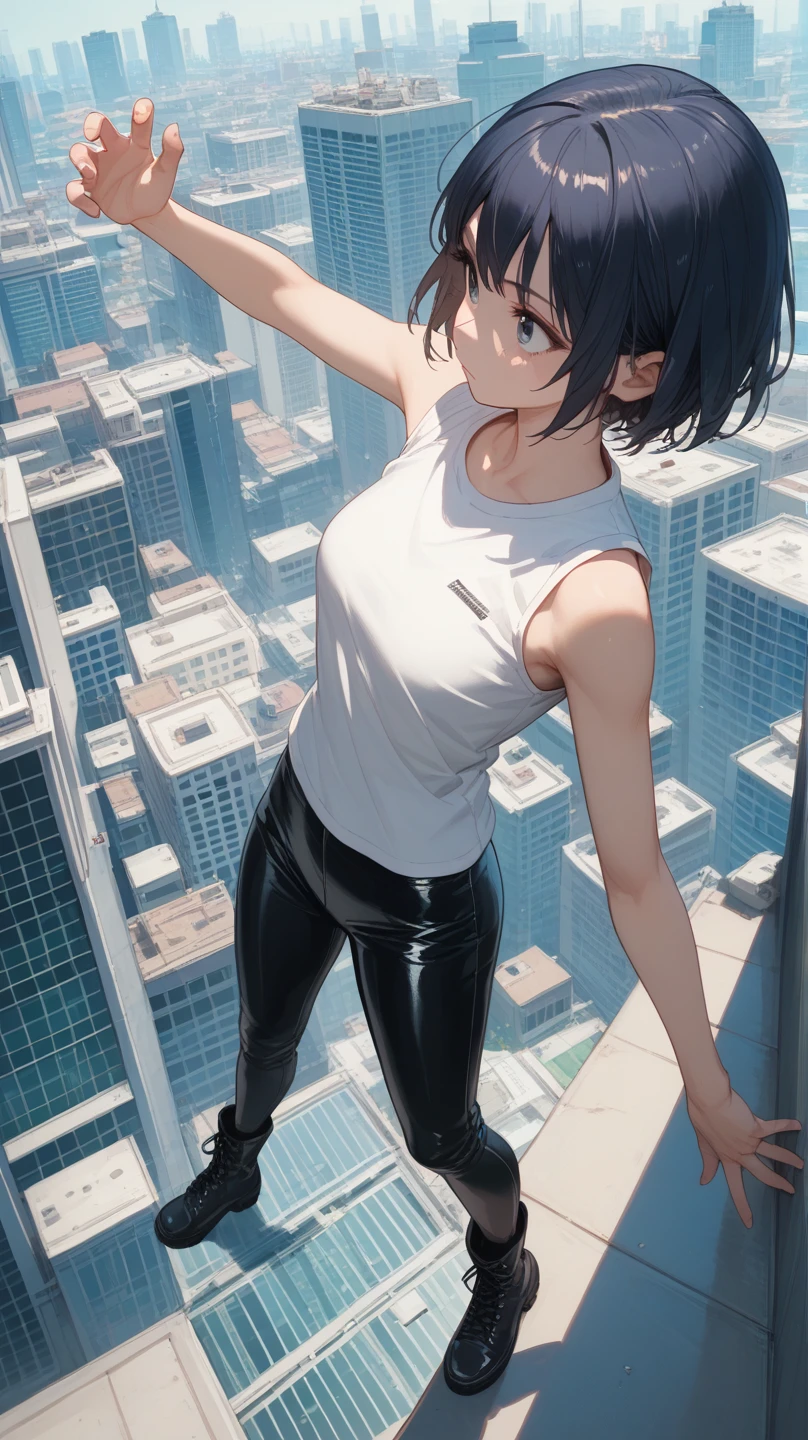 Long Shot,full body,Dynamic angles,woman with navy SHORT HAIR wearing sleeveless t-shirt and latex pants,high angle,CITY back ground,solo, 1 female,Highest quality,masterpiece,cool pose,put on boots, (from below:1.1)