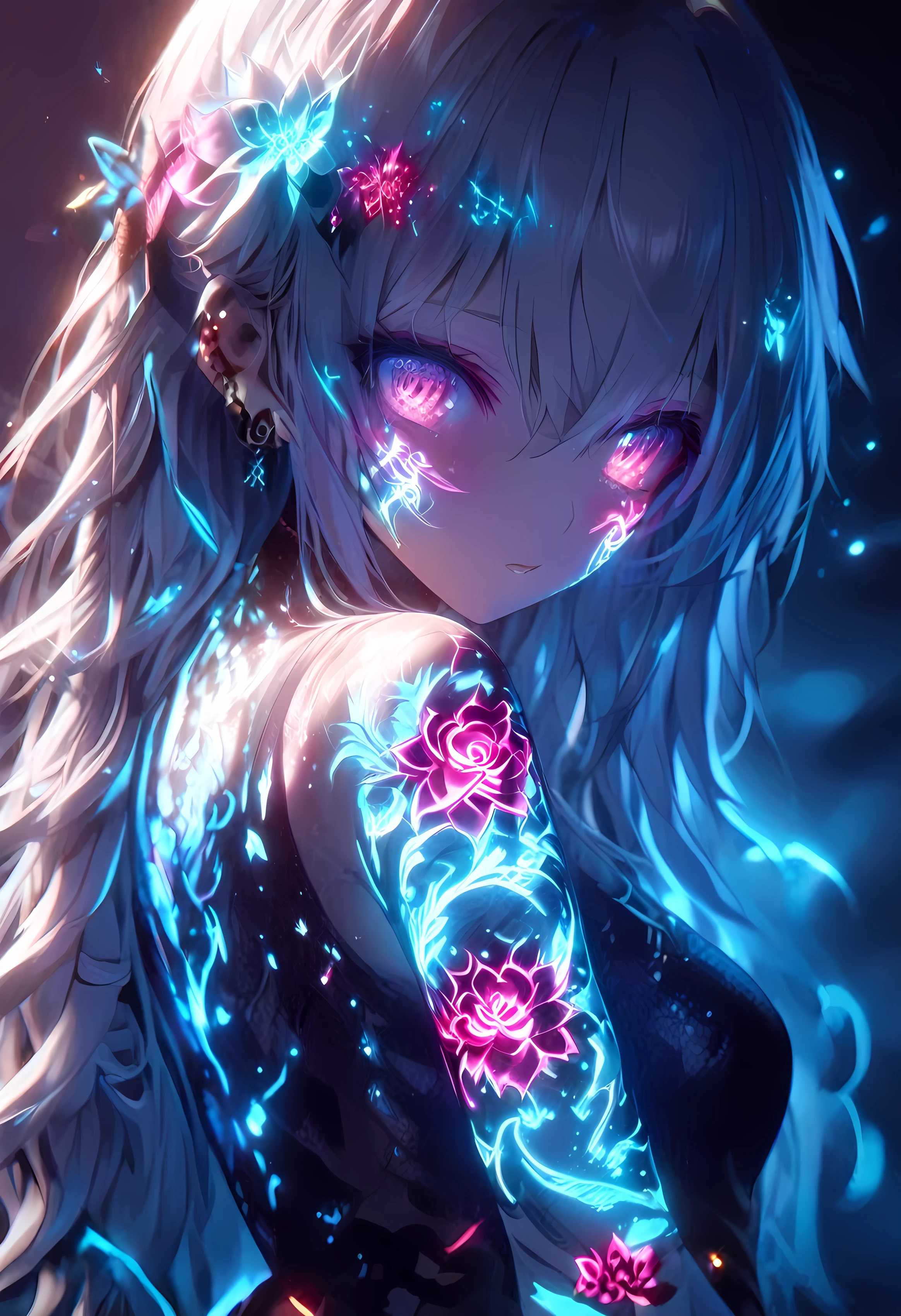   Anime Screenshot 、  artistic illustration of a female anime character adorned with glowing neon roses and energy tattoos、 her body and face 。 The tattoo on his arm is 、white, 虹とwhiteの光.、 Emits neon light。 That girl is long,  Flowing Hair 、  This scene has a dreamy soft focus effect .、 Enhances the dreamy glow of your tattoo.、