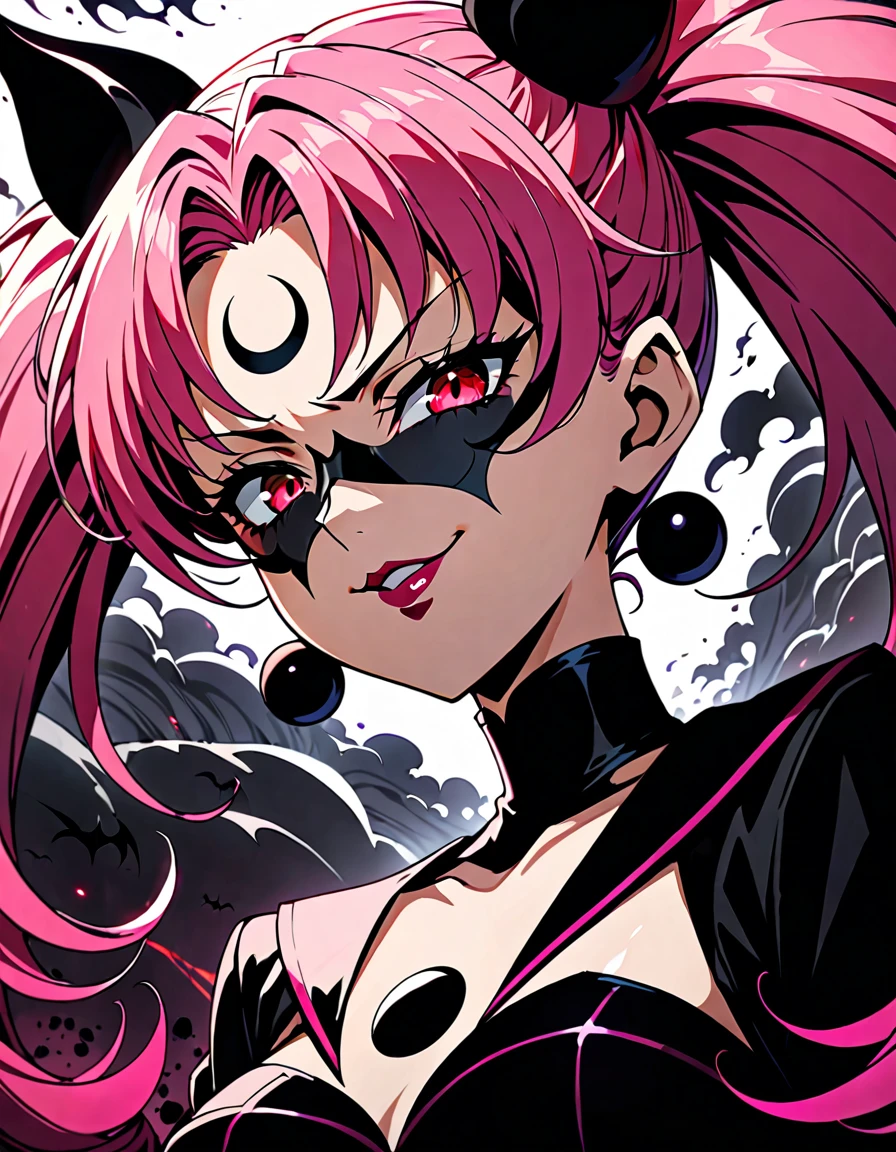  Sailor Moon Wicked Lady, Pink Hair, Red eyes, ,  Black Crescent Moon Mark on Forehead , very evil smirk,beautiful body,shaded face(eyes in evil shadow),((masterpiece,best quality)), absurdes,black dress,upper body,beautiful face,,looking down at viewer,twintail,,Sadistic ridicule,look down,looking down at viewer, ,,from below,close up,Dark Side、Alone.1girl、darkness,wander,cyberpunk,evil and huge black ink wave background,