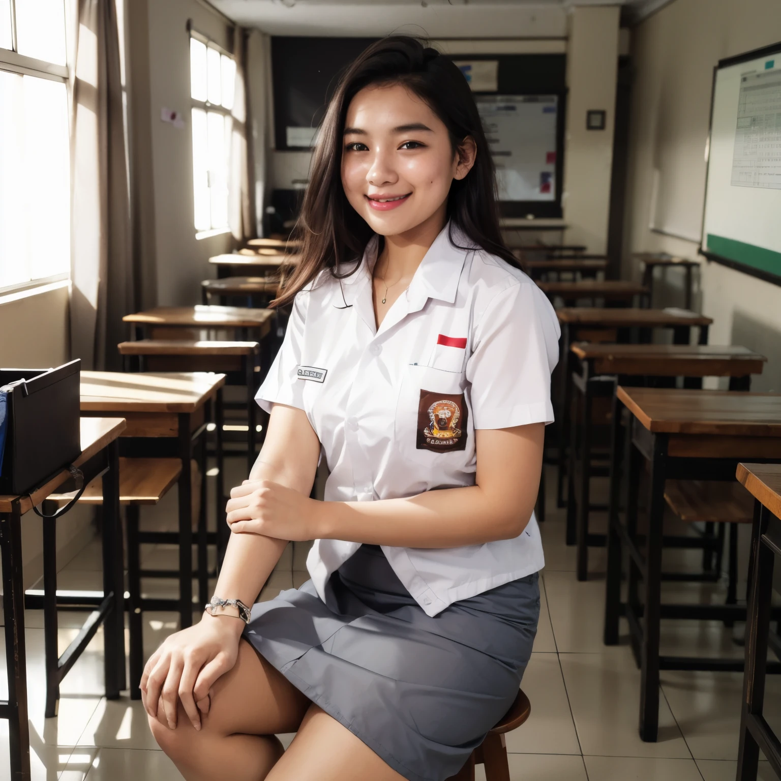 female, beautiful girls, line up, big hips, curvy body, tight, wearing indonesian high school uniform, indonesian high school uniform white shirt and grey skirt, smile, dynamic pose, Fullbody, curvy body, good hand angle, Eye-Level Shot, classroom, 135mm, masterpiece, best quality, highres, HD, 8k, textured skin, high quality, UHD