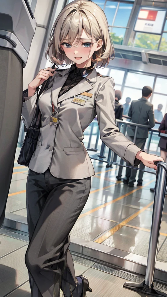 A female airport staff member standing at an information desk in a modern airport terminal. She is dressed in a professional uniform, with a friendly and welcoming expression. The background includes signs in multiple languages, people walking by with luggage, and an overall busy airport atmosphere. The lighting is bright and natural, giving a clean and efficient look to the scene, ((peeing self))Pee all over the body、Urine、the whole body is wet