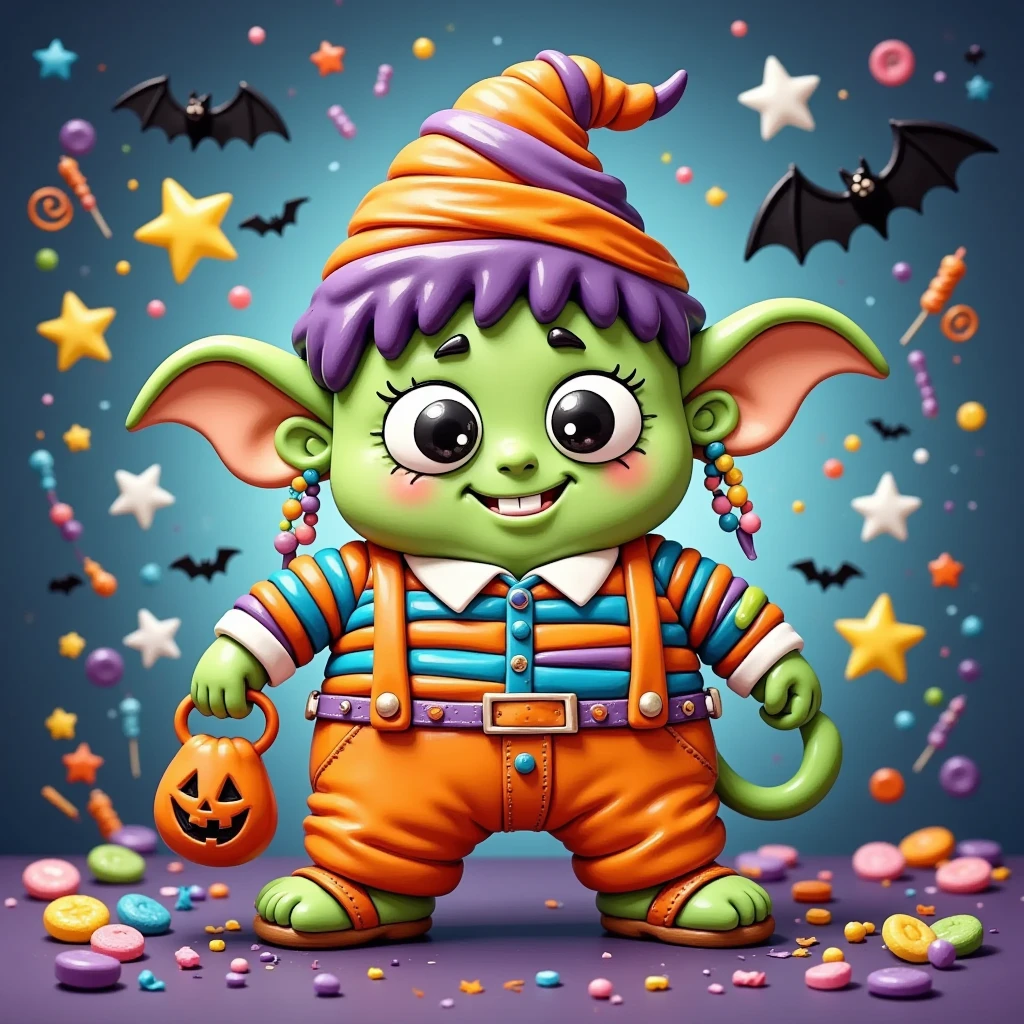 A cute, goblin-themed icing cookie icon, full of joyful mischief and Halloween whimsy. The goblin character features bright green skin and a perpetually grinning expression, complete with a pointy hat adorned with vivid orange and purple stripes perched atop its head. Its large, round eyes shimmer with an adorable eeriness. Dangling from its stubby arm is a tiny candy bag, bulging with colorful heart and star-shaped candies. The attire is vivid and pop-tastic, featuring a diagonally striped shirt paired with checked pants. The backdrop shows a lively Halloween night sky, where stars and the moon twinkle surrounded by tiny bats in flight. Intricately iced details create an illusion of sugary softness, inviting memories of festive, playful sweetness.