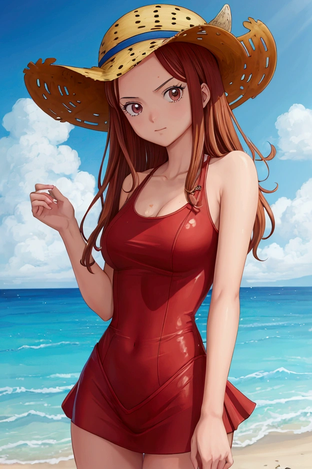 (masterpiece, best quality, 1girl:1.2, solo:1.3), lyubava, long hair, green eyes, brown hair, braid, ((red hat with yellow circles)), Head Cover, blush stickers, freckles, wrapped in a white towel, droplets of sweat, sauna, stockings, cleavage, flirting, modest, smile, , sunlight, large breasts, large hips, thighs <lora:lyubava-20:0.55>