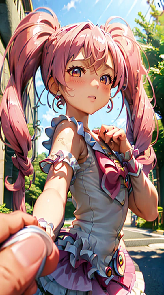 最 high quality、 masterpiece、Cure Melody、 flat chest,Long Hair,Pink Twintails,(Sweaty, shiny skin:1.1), Outdoor,( high definition,  high quality:1.1), ,(blush),(Remoteプレイ:1.3), Remote_Vibrate, (( someone's hand holds a button:1.3))、