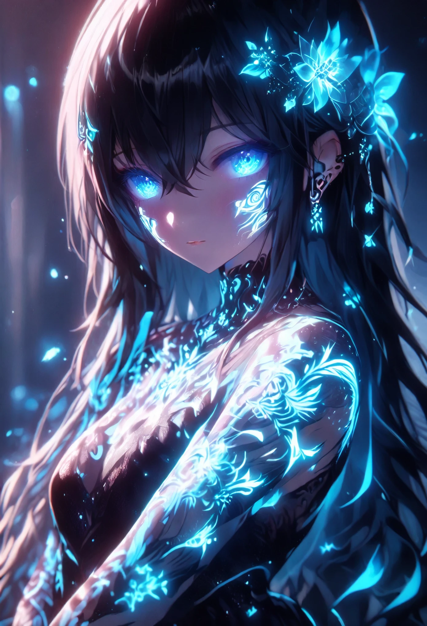   Anime Screenshot 、  artistic illustration of a female anime character adorned with glowing neon roses and energy tattoos、 her body and face 。 The tattoo on his arm is 、white, 虹とwhiteの光.、 Emits neon light。 That girl is long,  Flowing Hair 、  This scene has a dreamy soft focus effect .、 Enhances the dreamy glow of your tattoo.、