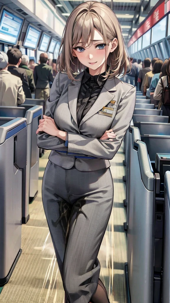 A female airport staff member standing at an information desk in a modern airport terminal. She is dressed in a pencil skirt, with a friendly and welcoming expression. The background includes signs in multiple languages, people walking by with luggage, and an overall busy airport atmosphere. The lighting is bright and natural, giving a clean and efficient look to the scene, ((peeing self))Pee all over the body、Urine、the whole body is wet