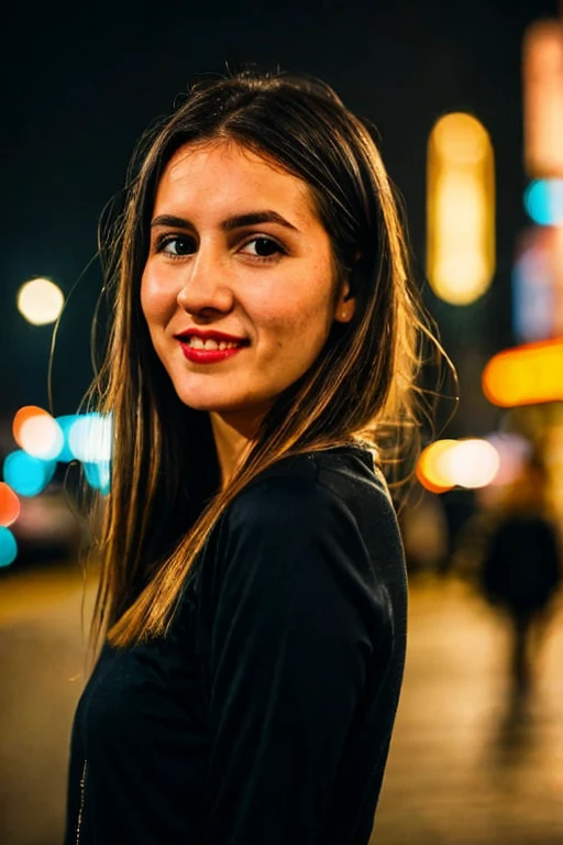 closeup face photo of caucasian girl in black clothes, night city street, bokeh