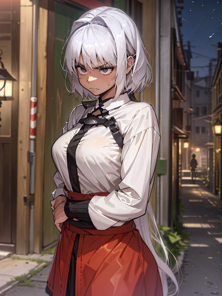 (​masterpiece, top-quality, hight resolution, Unity 8k, extremely details CG:1, Best Picture), upper body, 1girl, caenis, silver hair, korotsuke style, A woman standing on a quiet street corner at night, just after the protagonist had earnestly asked her to let him fuck you. She looks surprised and a little flustered by his outrageous but sincere request. Her expression is a mixture of mild surprise and awkwardness; she is surprised, but manages to accept the situation.