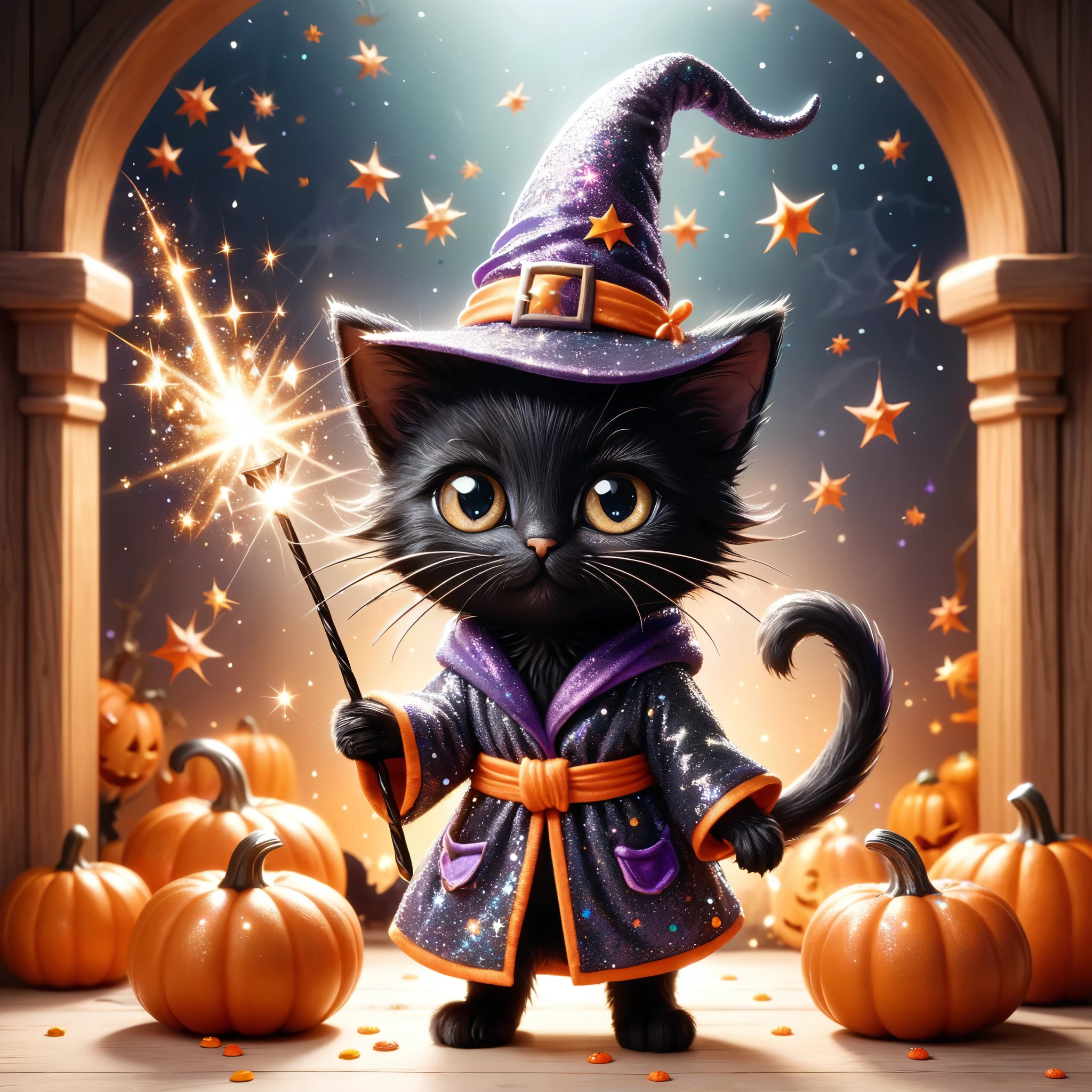 Picture a delightful scene full of Halloween charm, centred around an irresistibly cute black kitten who embodies the spirit of Halloween, with her bottom out, (wearing a wizard's dressing gown: 1. 4), adorned with a whimsical witch's hat and elongated magic wand, in enchanting detail Exploring a world coloured with colour, like a visual symphony, the atmosphere conveys a sense of playful magic, amplified by twinkling stars and sprinkles of glitter, contributing to a cute and enchanting tableau that embodies the warmth and joy of Halloween night.