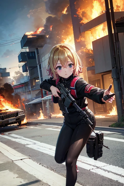 Best Quality、 high definition、Mami Nanami、 1 girl、 holding a machine gun 、Shooting a gun、Gunfight、Mid-chest、Full body black bodysuit 、Daytime、In battle with the army、Within the school grounds、 School Buildings Burning Up in Fire、 A lot of enemies have fallen while fighting with an army