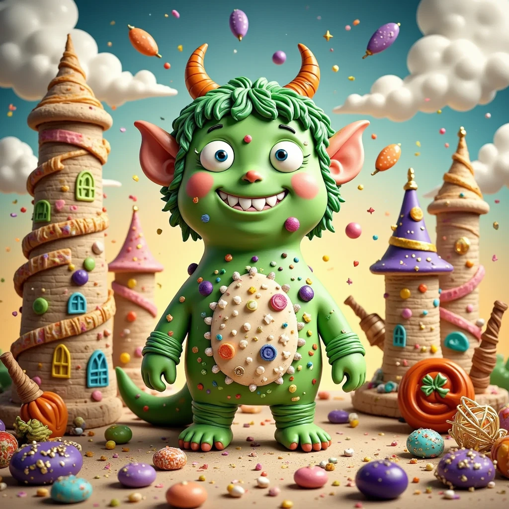 Enter into a world beyond the sugar-spun horizon, where monsters gather in mirth and merriment upon the tapestry of an icing cookie kingdom. Standing regal on this round realm is a playful, grinning monster—a guardian of sweet utopias—with its vibrant green frosting fur decorated in playful polka dots of bubblegum pink. Its three eyes glimmer with mischievous delight, each an orb of chocolate fudge, imparting a look of endearing mischief. The monster’s scales shimmer under the moonlight, crafted from a texture of delicate caramel ribbons and dotted with sugar crystal gems. Looming in the background is a magnificent castle made entirely of sugar and sweets, where candy towers of spun sugar stretch towards skies painted in pastel blues and yellows. Tendrils of candy cane vines wrap the castle walls, and windows of gummy bears glint like stained glass in a candy cathedral. With every detail painstakingly piped and curated, the magic of this charming scene calls, beckoning all to partake in a mythical journey of sweet confections, where playful monsters reign and candy castles glisten under the vibrant Halloween sky.