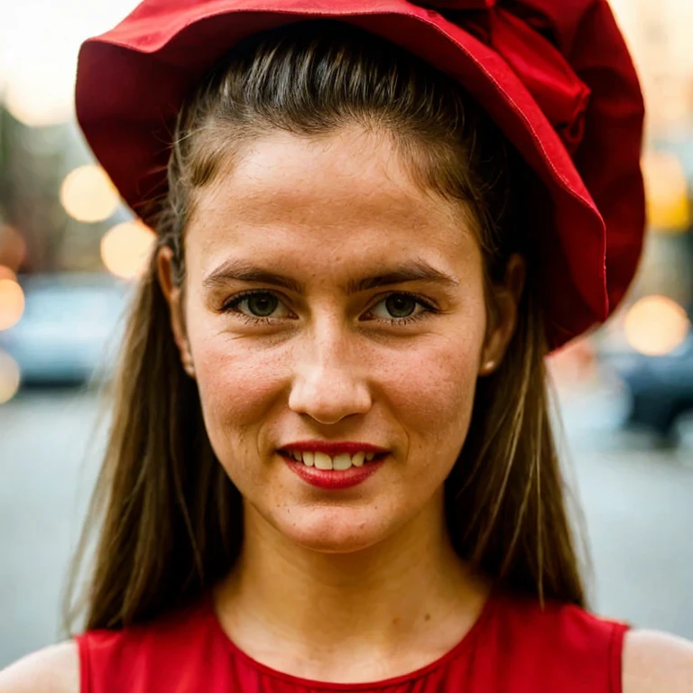 Close-up photo of a Caucasian girl's face in red dress, evening city street, bokeh