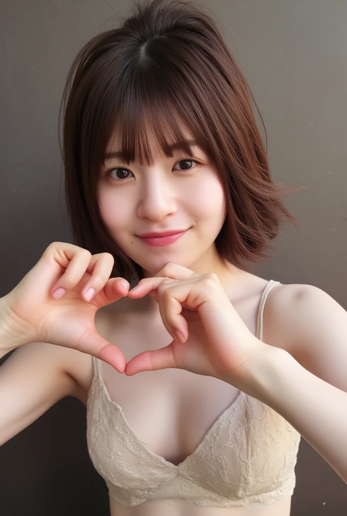 She is in a pose wearing a sexy camisole, making a firm big heart shape with both hands, and holding it in front of her chest, Cute smile up、Monotone background

