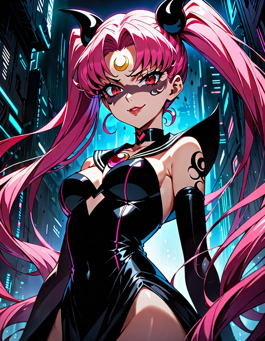  Sailor Moon Wicked Lady, Pink Hair, Red eyes, ,  Black Crescent Moon Mark on Forehead , very evil smirk,beautiful body,shaded face(eyes in evil shadow),((masterpiece,best quality)), absurdes,black dress,upper body,beautiful face,,looking down at viewer,twintail,,Sadistic ridicule,look down,looking down at viewer, ,,from below,close up,Dark Side、Alone.1girl、darkness,wander,cyberpunk,Overflowing black ink background,