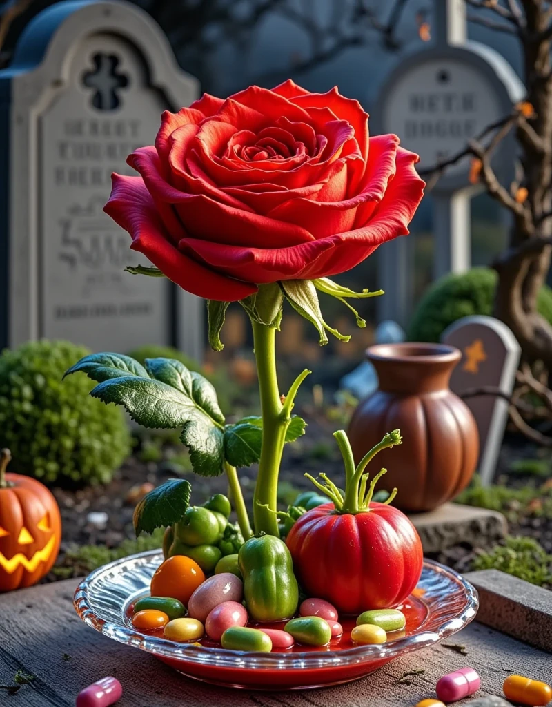 A scene on a graduated grey background. A bright red rose in full bloom, displaying every petal in its glorious form. Replace the suggestion of blood with droplets of ruby red paint. A young woman, of Asian descent with tears streaming down her face, portraying a deep sense of melancholy. Replace the suggestive material of drugs with a scattering of harmless, non-specific pills or supplements, emphasizing the idea of medicine and healthcare.
