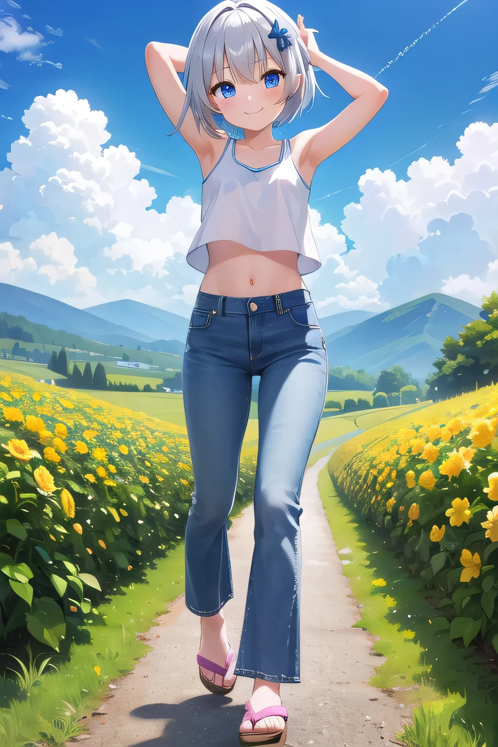 masterpiece,best quality,ultra detail,1girl, 14yo,petite,smile happy, flower garden, bright, sunshine, cloud, short hair, blue eyes, silver hair, hair ornament, ribbon hair ornament, Raise your arms and behind your head,White teeth, white tank tops, crop tops jeans pants, (flares jeans 1:1), blue jeans, Slippers, whole body,standing