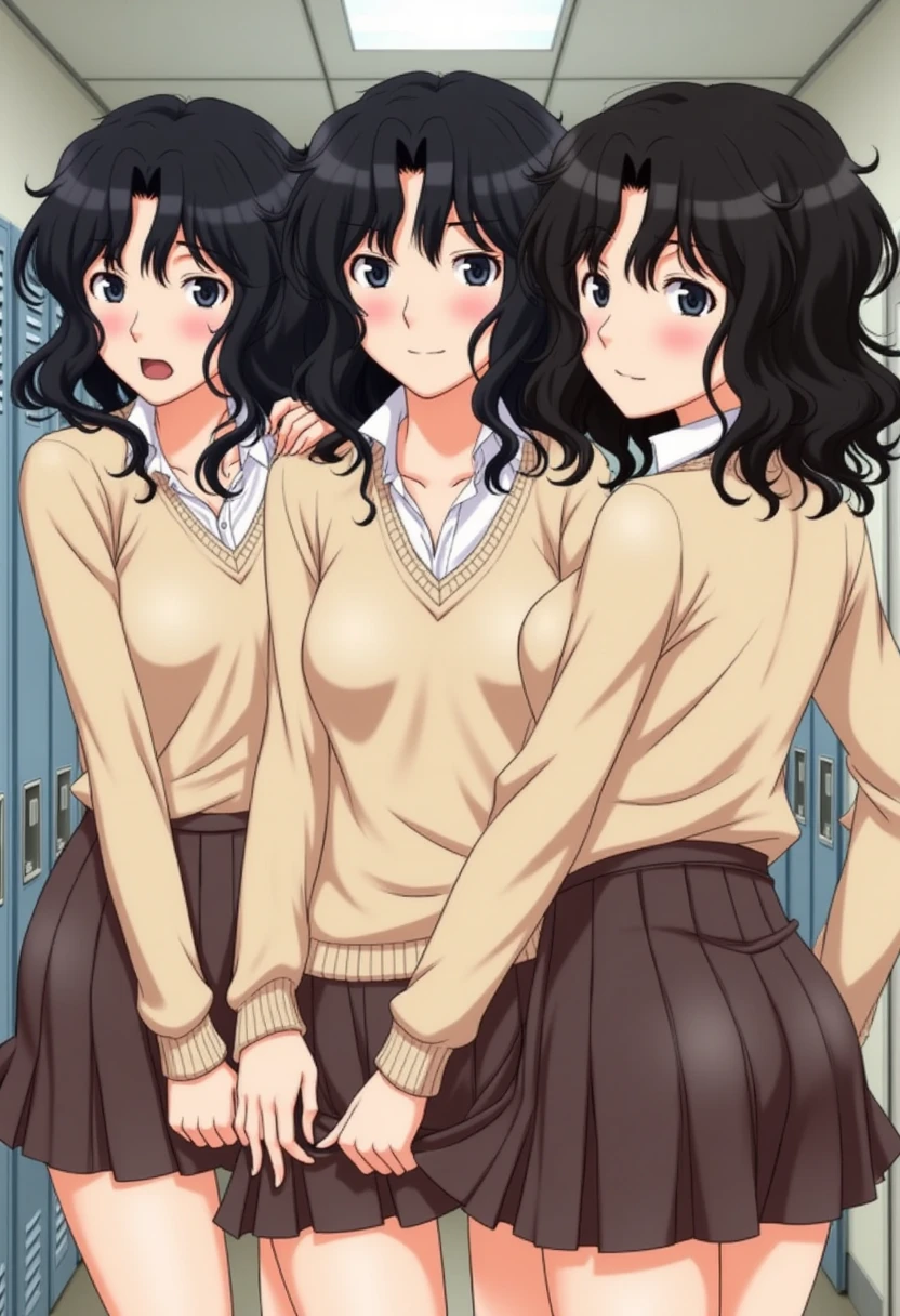 Three high school girls、Shorthair schoolgirl、long hair high school girl、 curly haired high school girl 、 very detailed face,  Also pay attention to the hem of her clothes ,   Anatomically Accurate Bodies (  beige knitwear-style uniform:1.3), ( dark brown skirt :1.1), School Aisle ,  provokes by showing her stomach (1:10), Lift the hem of clothes(1:5), nsfw