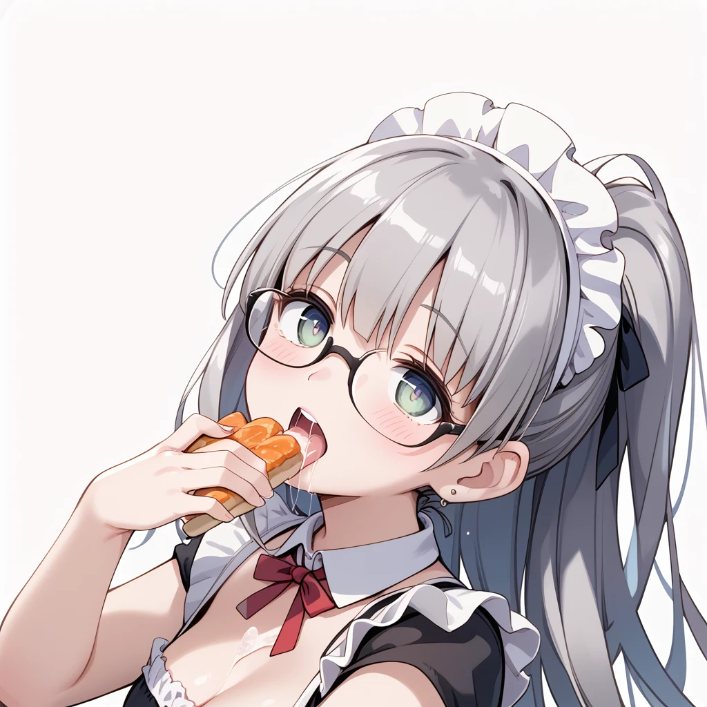 Black Hair, long hair, ponytail, maid clothes,Glasses,Maid Cafe, opens her mouth slightly, saliva,  drools, Food on face, saliva糸引き, A blank look,  open my eyes , Pupils are dilated, Hollow Eyes, 