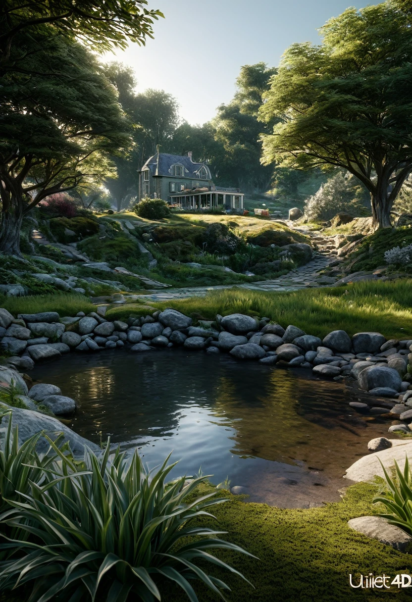  A quiet place ,  very pleasant ,  beautiful, calm and  beautifully Landscaped.   photorealistic, 8K UHD, Studio quality,  ultra realistic,  Maximum level of detail ,  large scale , post-processing,   photorealistic,   photorealistic, photoshop,  Photography , detailed,   cinematic lighting  , Landscape, panorama, Landscape, Raytracing, Kino4D 