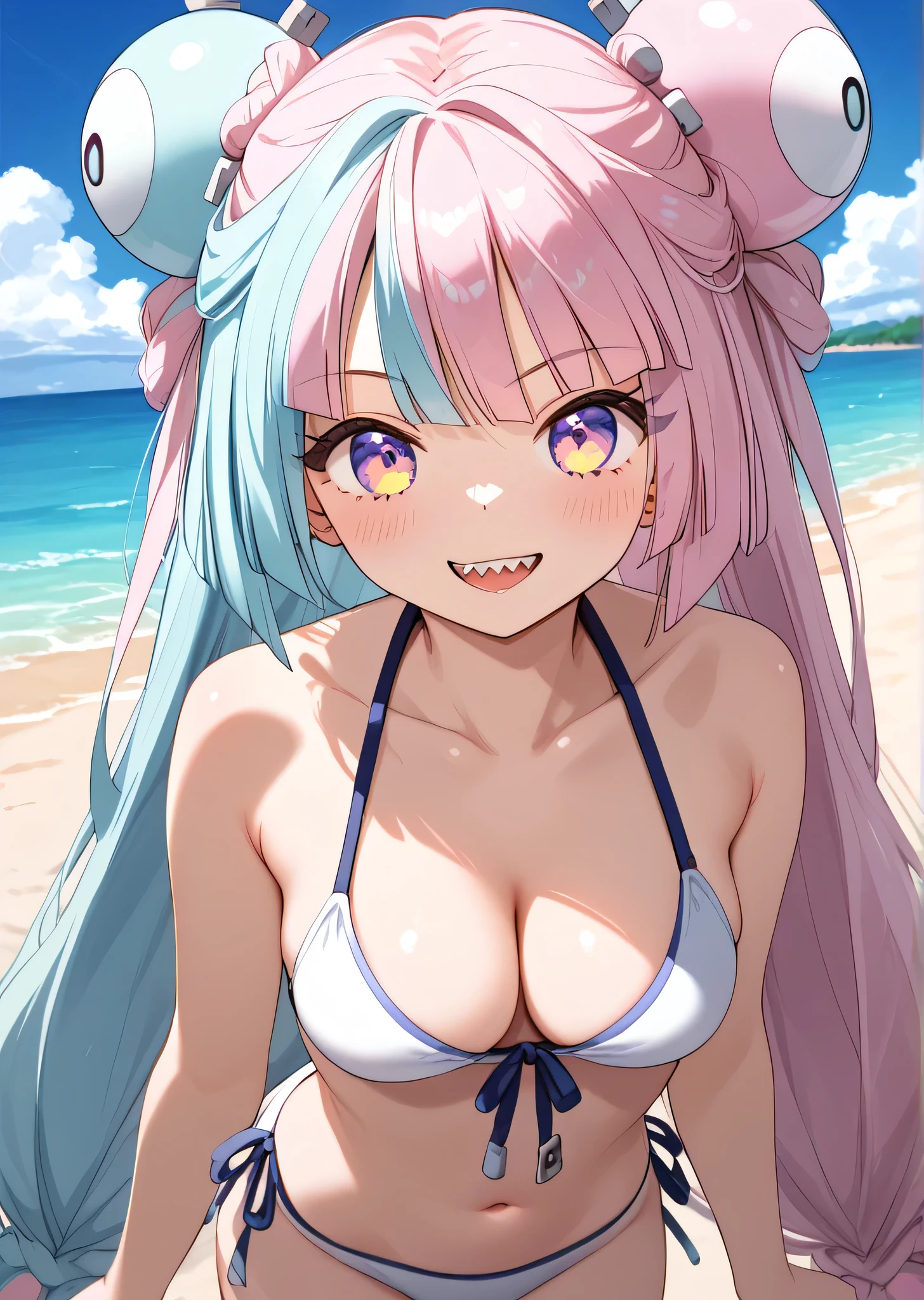 (((Best Quality))),(Unparalleled masterpiece,  Side Light,  beautiful and beautiful eyes: 1.2), Ultra-realistic 8k CG,  Perfect Artwork , very detailed,Confused,  ultra high resolution, Extremely super detailed,(((aaiono ))),((1 person)),Alone,(White Bikini:1.3),((( bright gradient eyes,fine grain:1.1))), long hair,Multi-coloured hair,Ribbon-shaped hair,Hair accessories,Sharp teeth,Perfect hands,((( standing ))),break,smile,Hot, seductive pose , Seductive Poses,breakslender,Hot,cute,  perfectly symmetrical face, 超cutegirl, 超cuteface,  very detailedな目,Ultra detailed hair, 超cute, so beautiful,coastalで,coastal,Beach,(((Beautiful breasts,Medium Chest, cleavage:1.3)))