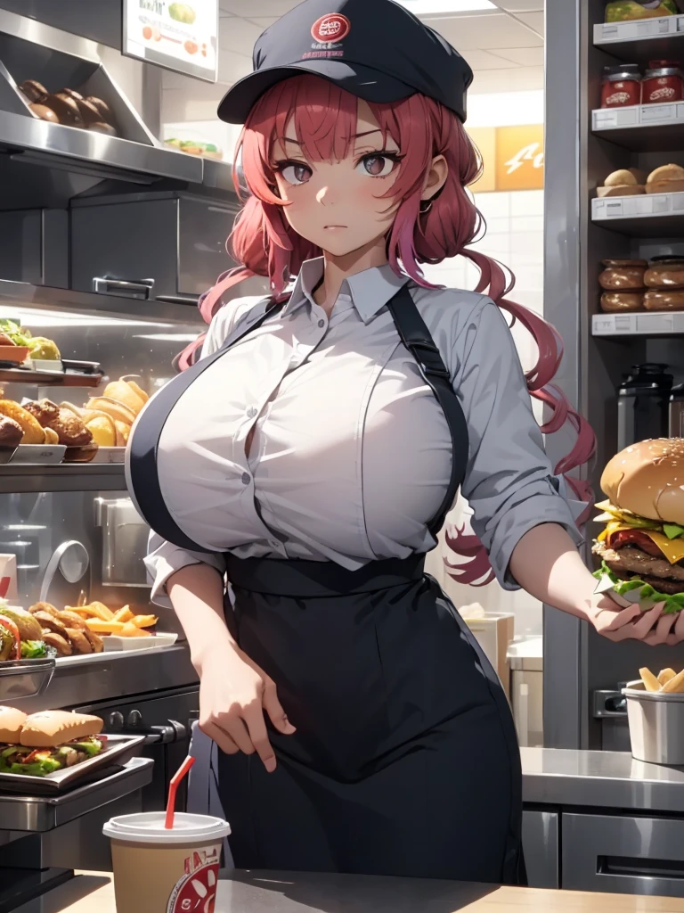 (​masterpiece、top-quality、hight resolution、Unity 8k、extremely details CG:1,Best Picture), ilulu, Hanger shop hats, "A woman with a tired, unenthusiastic expression serving customers at a burger counter. She’s dressed in a fast-food uniform and moves with efficiency, placing items on a tray quickly, despite her uninterested gaze. The background shows a typical fast-food restaurant with bright, overhead lighting."