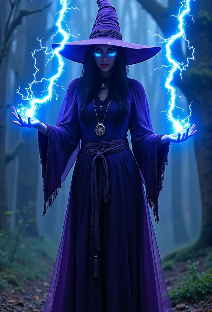 A powerful black witch in a violet costume unleashes blue lightning in every direction. Her glowing, shimmering blue eyes radiate strength, and she stands surrounded by the electric aura she creates. The scene captures her intense energy, with bolts of blue light crackling around her, illuminating the dark surroundings. The violet tones of her outfit contrast with the bright blue lightning, adding a mystical and dramatic atmosphere.