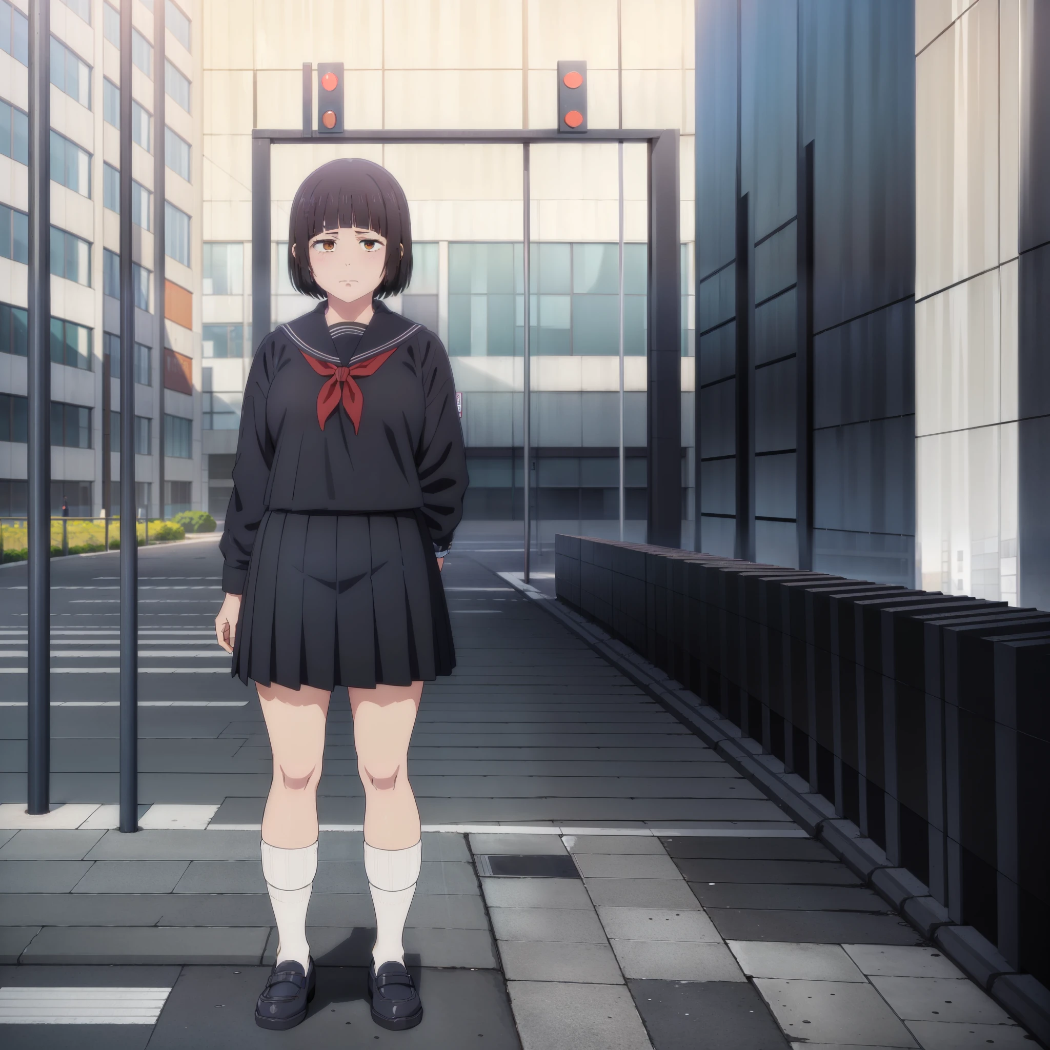 (masterpiece, best quality:1.2), Jujutsu kaisen style, PlumpOzawa, (1girl, solo), (full body, front view, looking at viewer), serafuku, neckerchief, pleated skirt, white socks, loafer shoes, (standing in urban street, standing still)